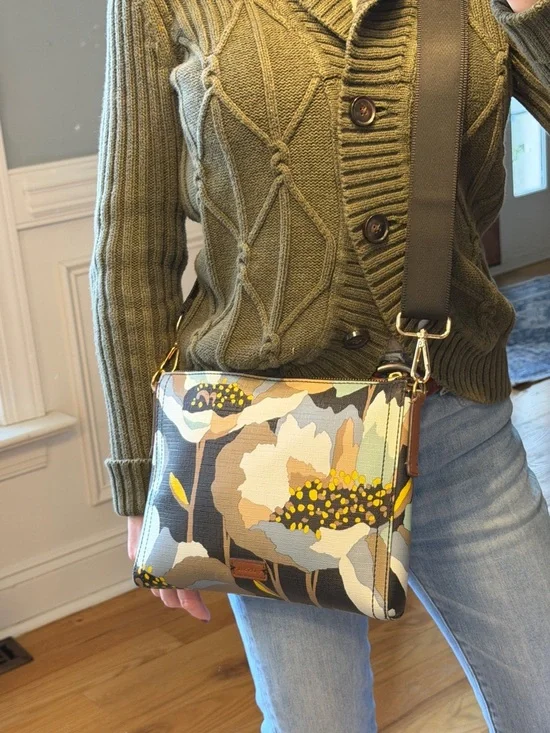 Fossil Boho Floral Coated Canvas Crossbody Bag Brown/Blue Gold (GUC) - Picture 6 of 17